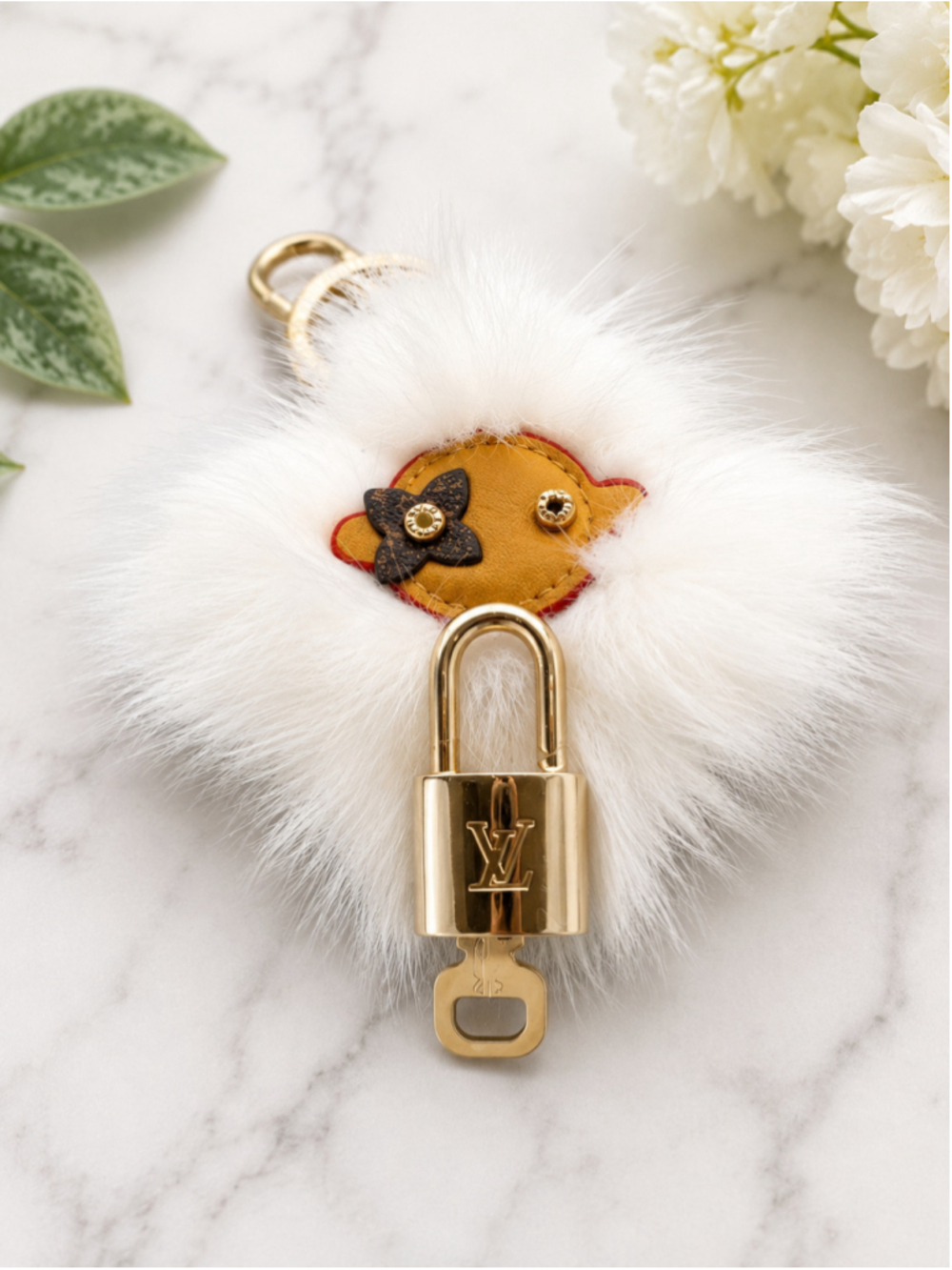Custom White Fur Bag Charm with Authentic Louis Vuitton Padlock